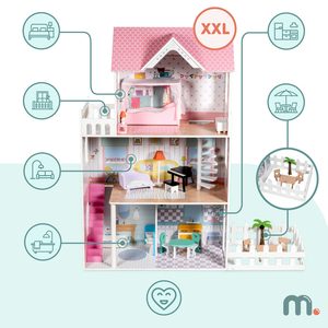 XXL Το μεγαλύτερο ξύλινο κουκλόσπιτο - 123 cm - φωτιζόμενο με LED - βεράντα, αξεσουάρ, κήπος