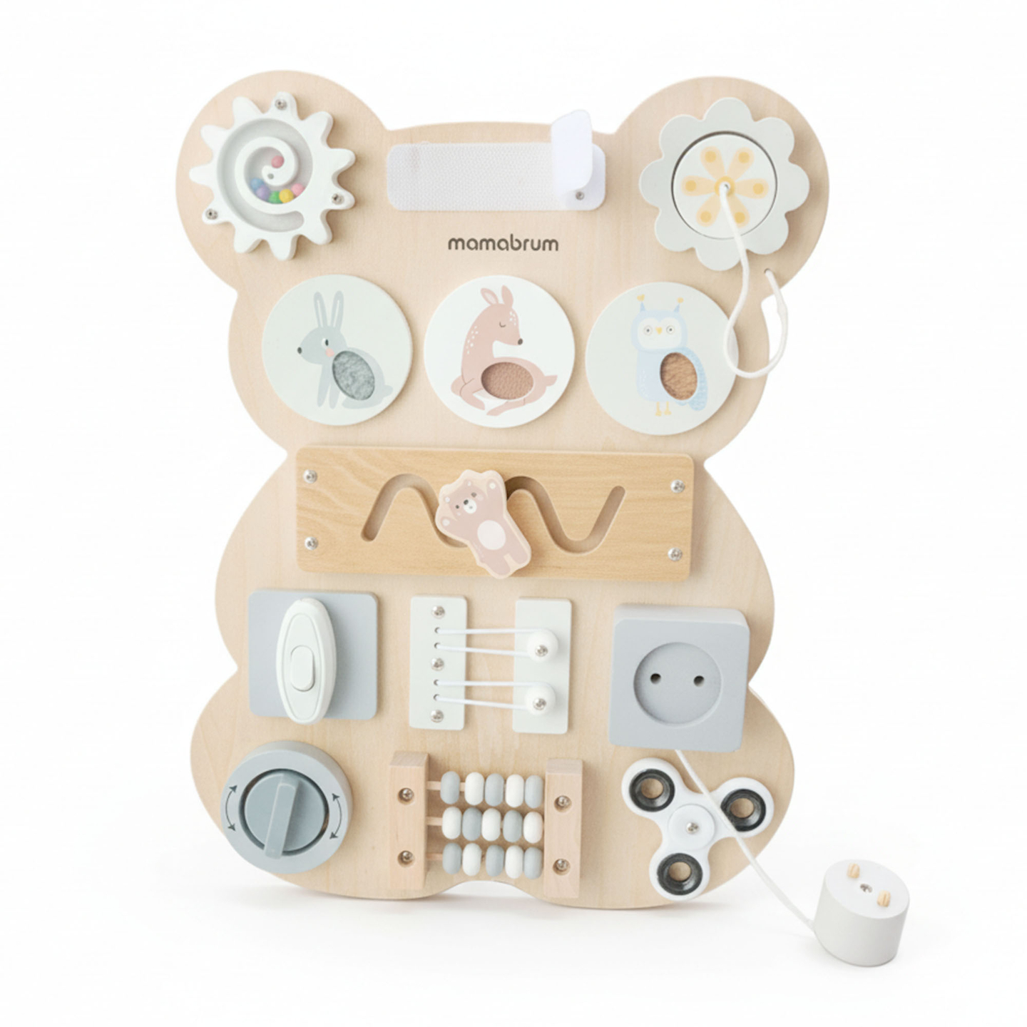 Ξύλινη σανίδα χειρισμού Montessori με αρκουδάκι - αισθητηριακή μάθηση ανεξαρτησίας: Velcro, βύσμα, λαβύρινθος, κουμπί κλικ