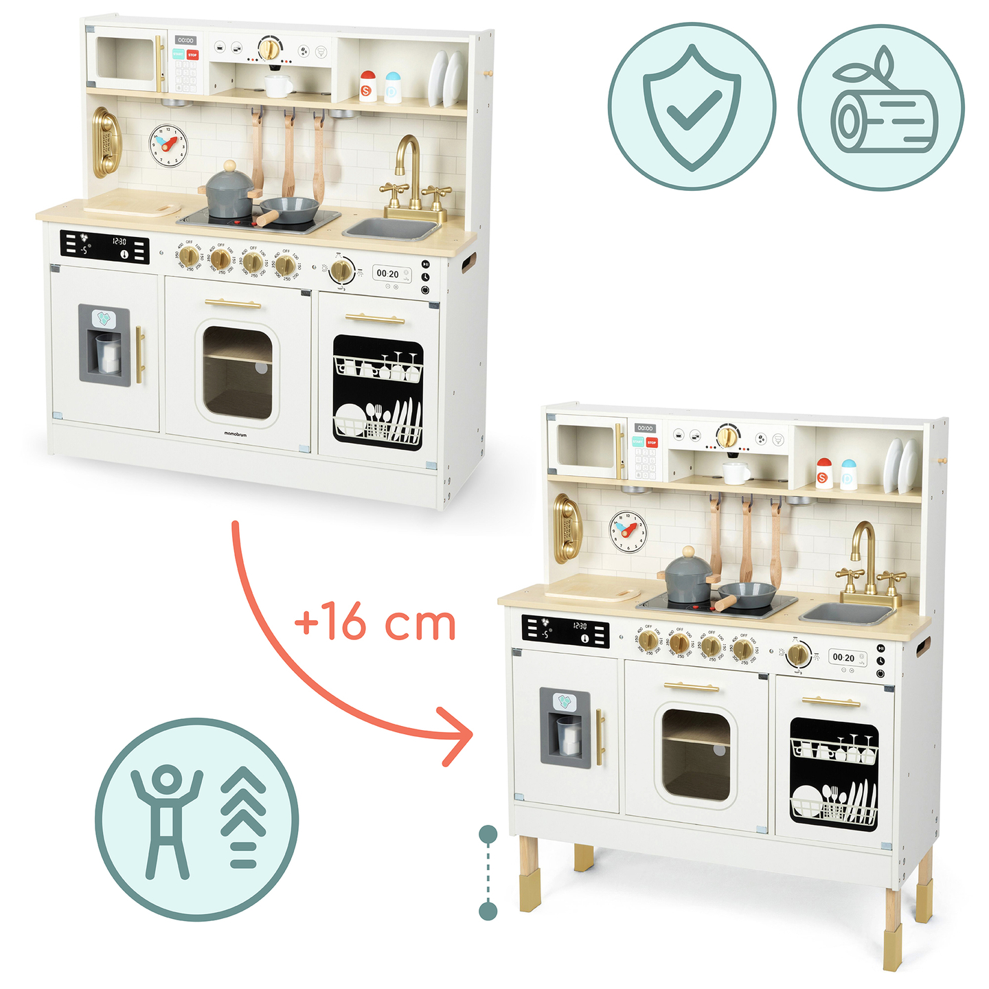 Διαδραστική ξύλινη κουζίνα XXL με αξεσουάρ και φωτισμό LED - δύο επιπέδων