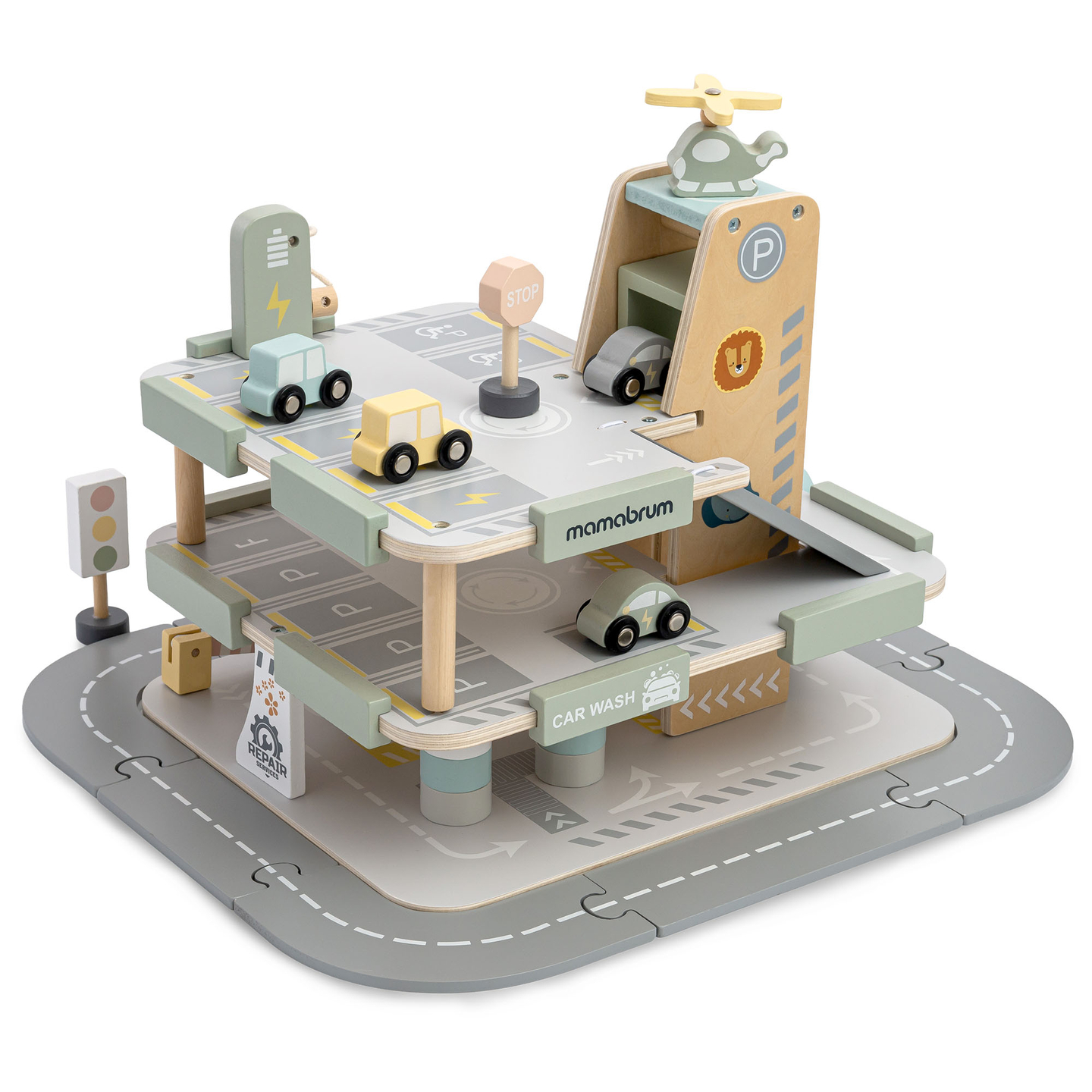 Ξύλινο, τριώροφο γκαράζ για παιδιά με αξεσουάρ – χώρος στάθμευσης, βενζινάδικο, πλυντήριο αυτοκινήτων, ελικόπτερο