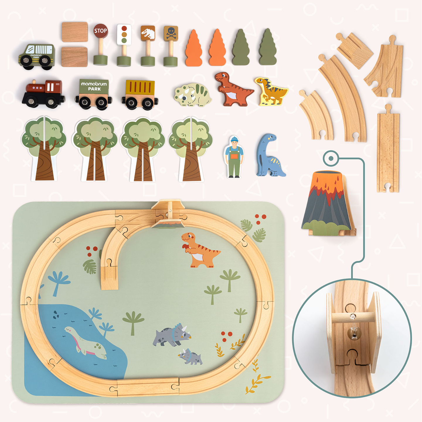 Ξύλινο τρενάκι Dino Park με αντιολισθητικό χαλάκι - δεινόσαυροι, τρένο, γραμμές, ηφαίστειο, κουδούνι