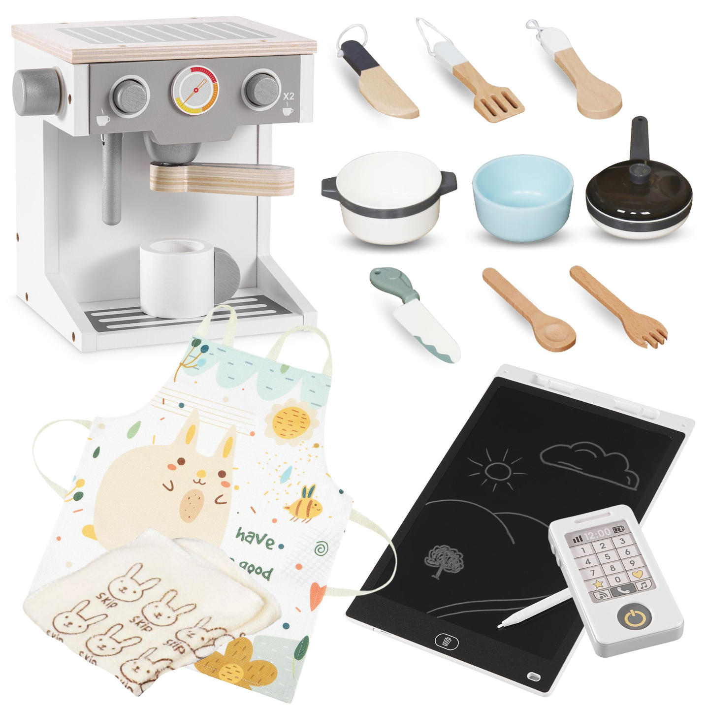 XXXXL μεγάλη ξύλινη διαδραστική κουζίνα με φωτισμό LED, πλυντήριο ρούχων, φούρνο μικροκυμάτων - 50 στοιχεία