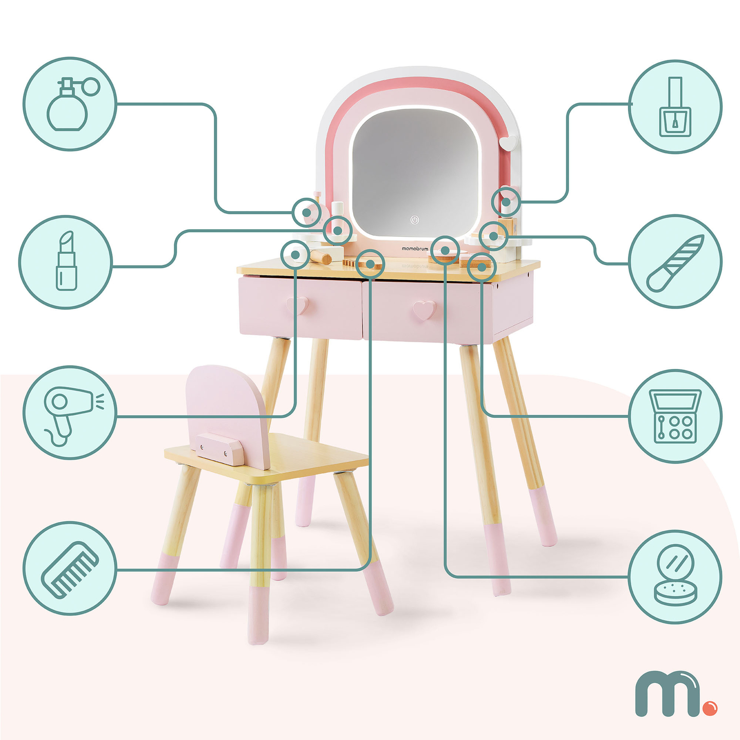 Ξύλινη παιδική τουαλέτα με φωτισμό LED με ομαλή ρύθμιση φωτεινότητας, καρέκλα και αξεσουάρ