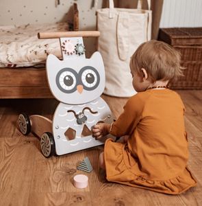 Ξύλινο πολυλειτουργικό καροτσάκι - καροτσάκι με μπλοκ - Κουκουβάγια