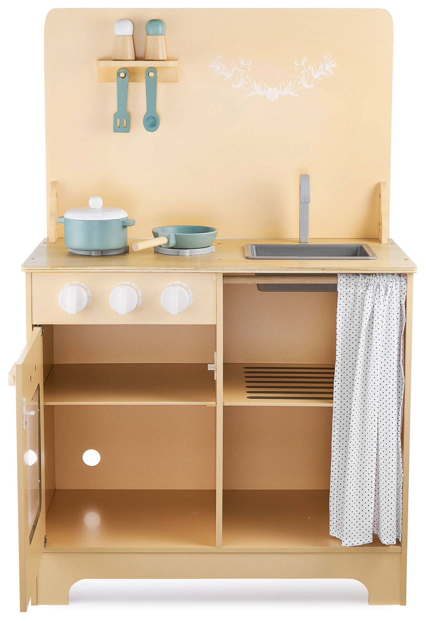 Ξύλινη κουζίνα με ποδιά, αξεσουάρ και φωτισμό LED