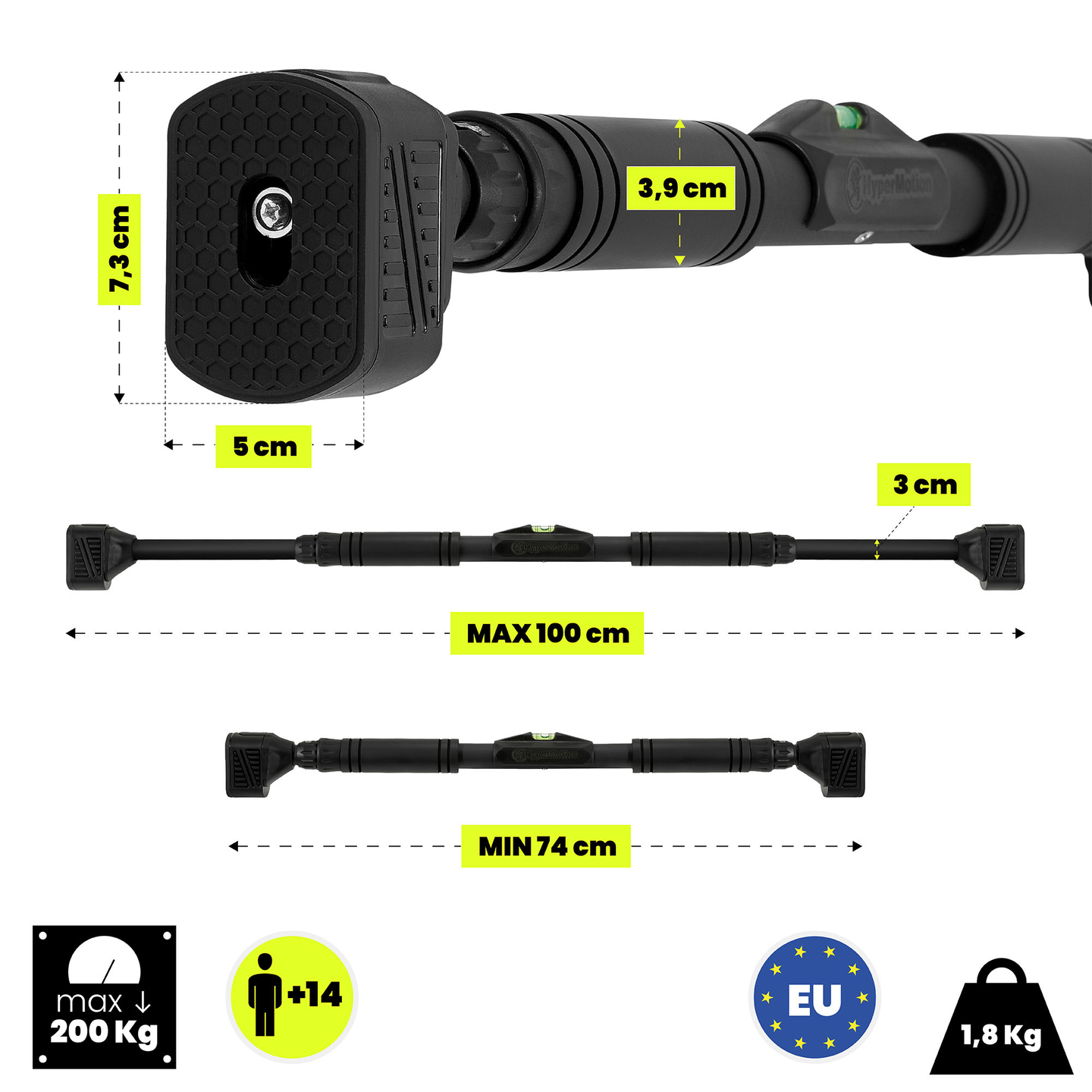Ρυθμιζόμενη μπάρα HyperMotion 74-100 cm, 200 kg, μαύρη