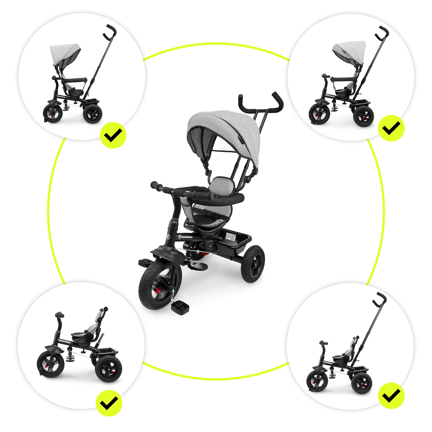 Τρίκυκλο για παιδιά 1-4 ετών - TOBI FREY - γκρι χρώμα - περιστρεφόμενο - τροχοί με αντλία + ωθητήρας