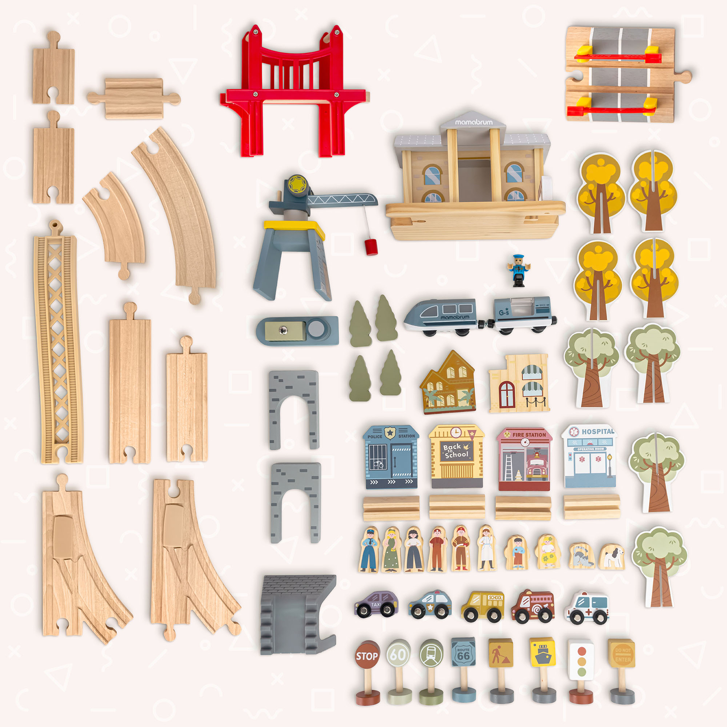 Ξύλινος σιδηρόδρομος πόλης με ηλεκτρικό τρένο - κινούμενος γερανός, πλοίο, γέφυρες