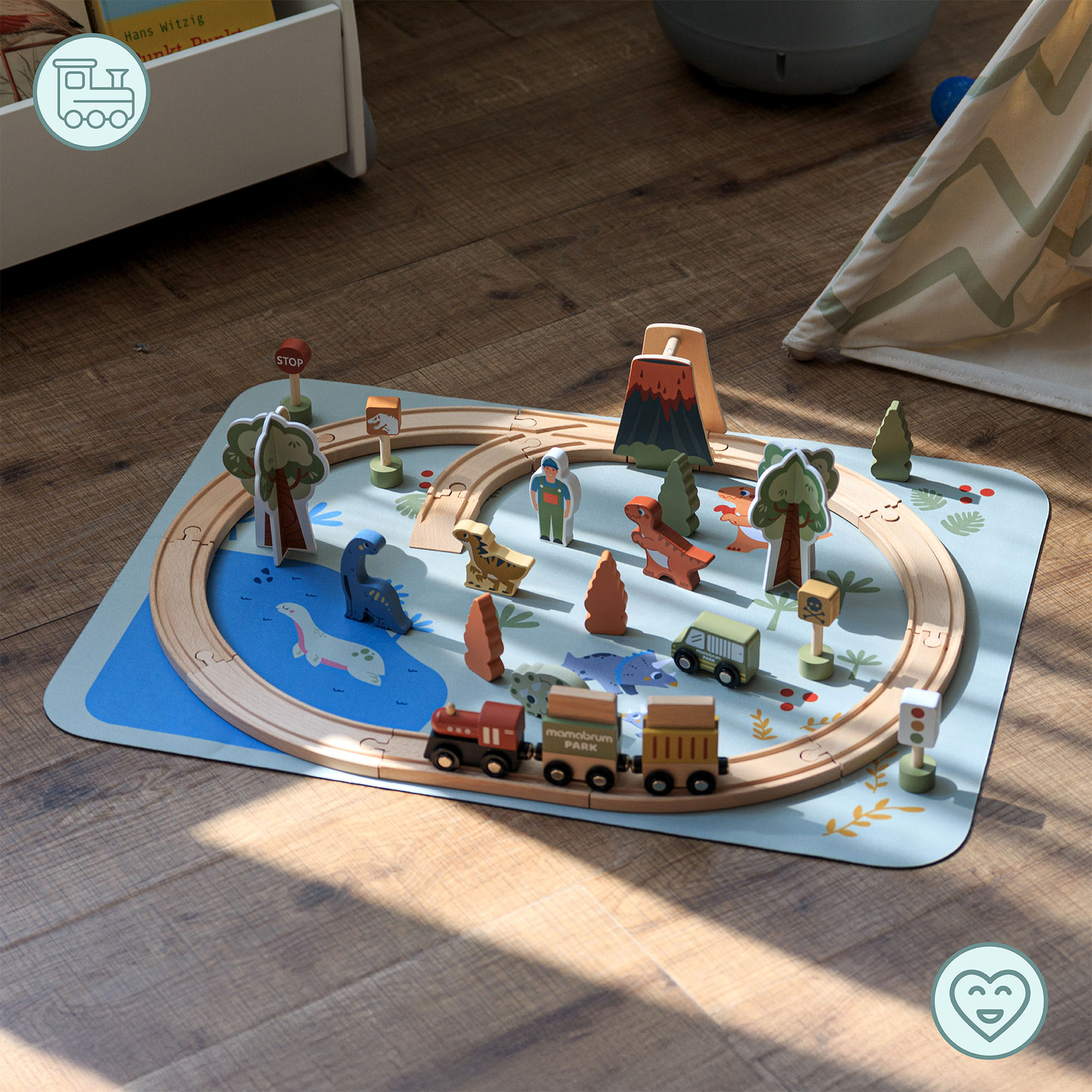 Ξύλινο τρενάκι Dino Park με αντιολισθητικό χαλάκι - δεινόσαυροι, τρένο, γραμμές, ηφαίστειο, κουδούνι