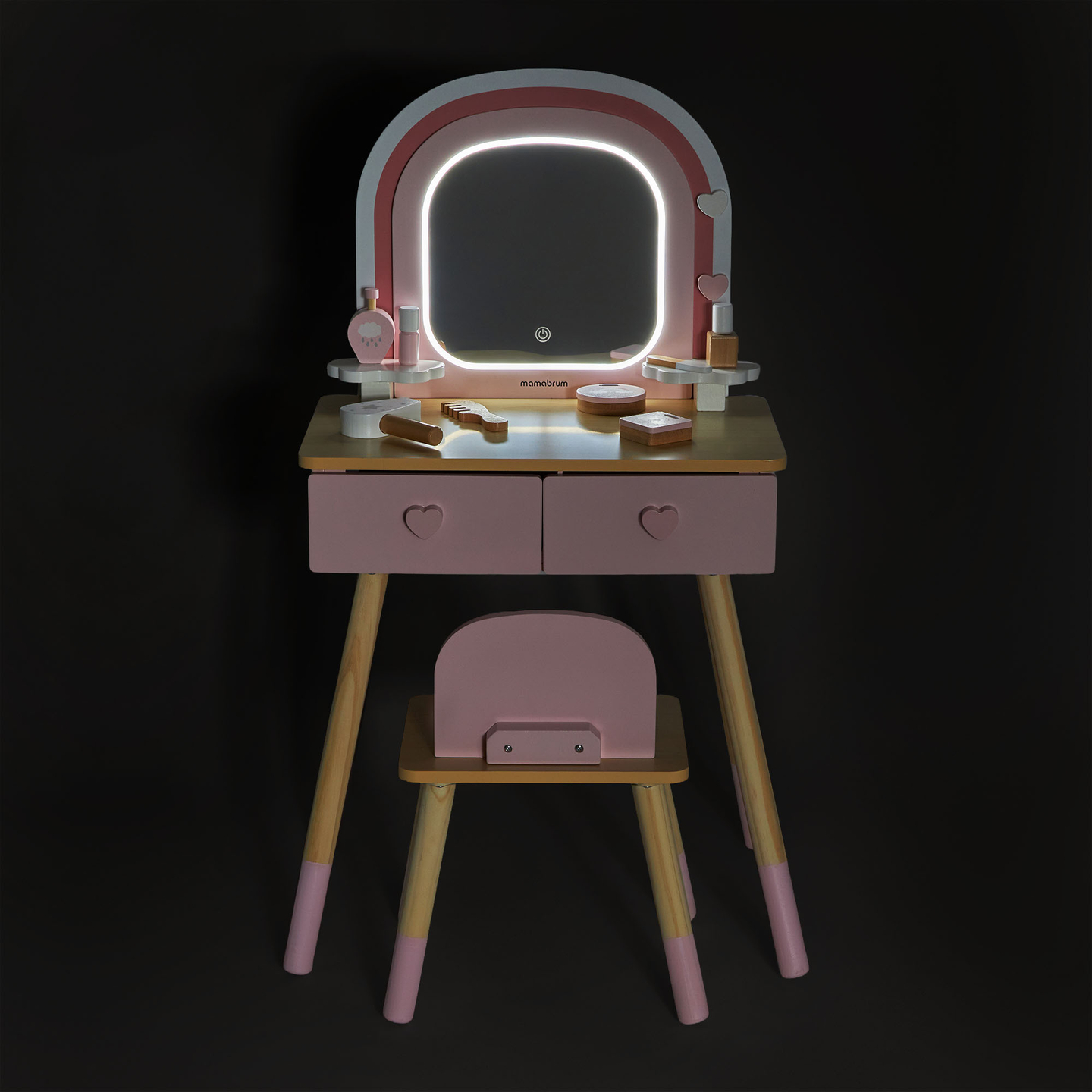 Ξύλινη παιδική τουαλέτα με φωτισμό LED με ομαλή ρύθμιση φωτεινότητας, καρέκλα και αξεσουάρ