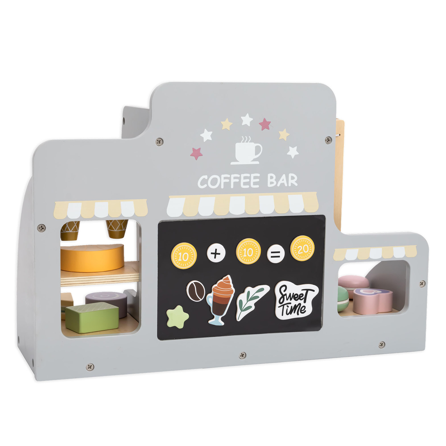 Ένα μεγάλο ξύλινο παγωτατζίδικο με μαγνητικό πίνακα, καφετιέρα και σετ παγωτού και γλυκών - πάνω από 70 κομμάτια!