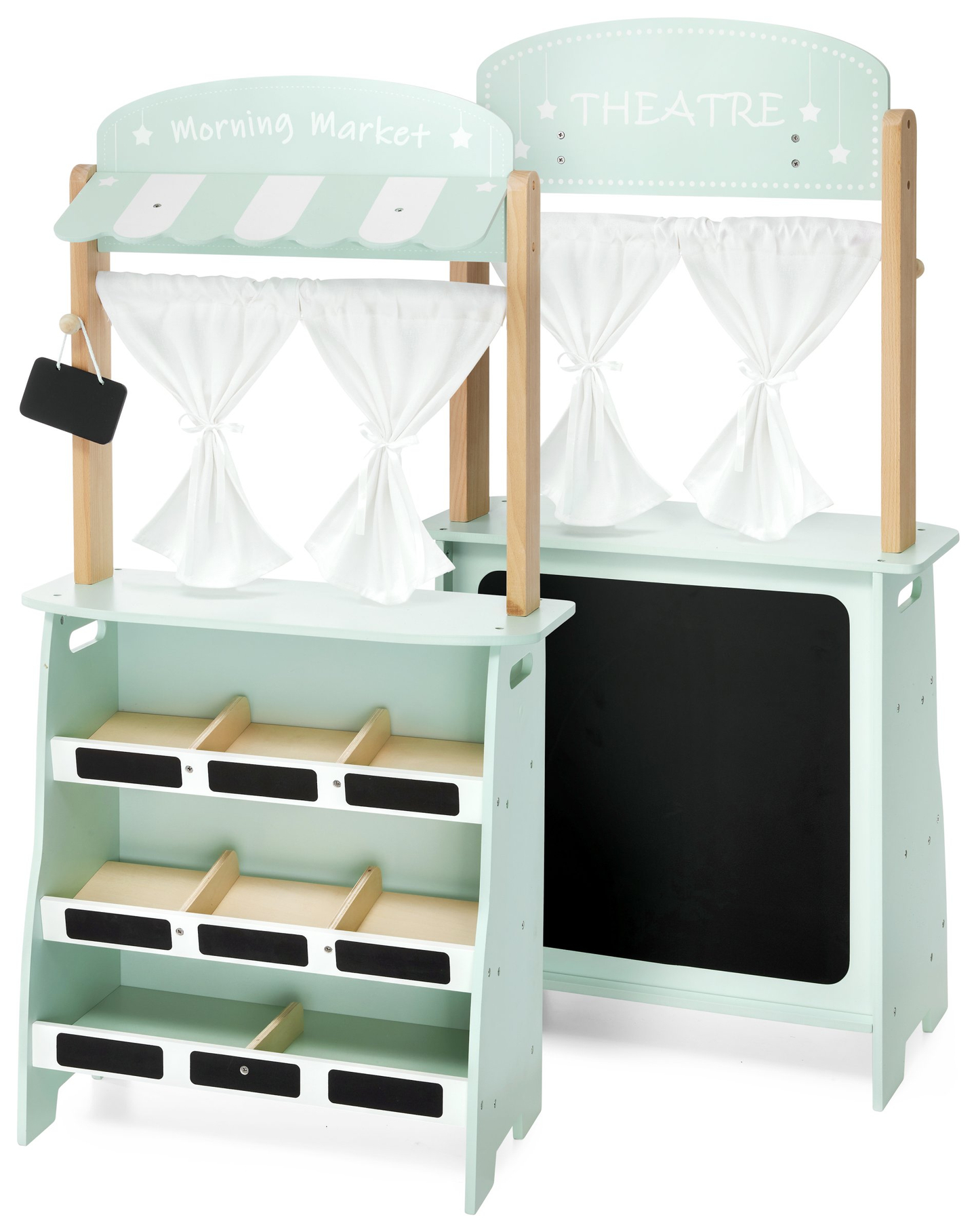 Μεγάλο ξύλινο κατάστημα - πάγκος και θέατρο 2 σε 1 με ζυγαριά, τερματικό πληρωμής, φρούτα και λαχανικά