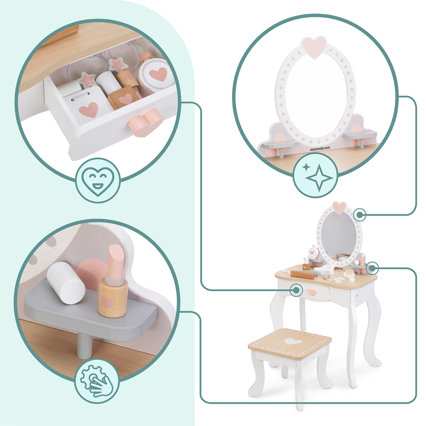 Ξύλινο κομοδίνο με σκαμπό και αξεσουάρ