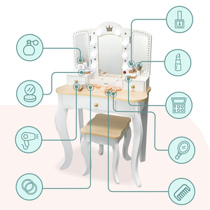 Ξύλινο κομοδίνο XXL με σκαμπό και φωτισμό LED για παιδιά + αξεσουάρ