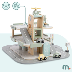 Ξύλινο, τριώροφο γκαράζ για παιδιά με αξεσουάρ – χώρος στάθμευσης, βενζινάδικο, πλυντήριο αυτοκινήτων, ελικόπτερο