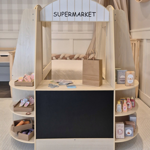 Μεγάλο ξύλινο παιδικό κατάστημα με μαυροπίνακα - 91 κομμάτια για διασκέδαση στα ψώνια!