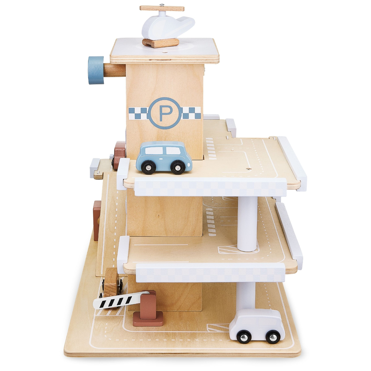 Ξύλινος τριώροφος χώρος στάθμευσης με ανελκυστήρα - γκαράζ με αυτοκίνητα και ελικόπτερο