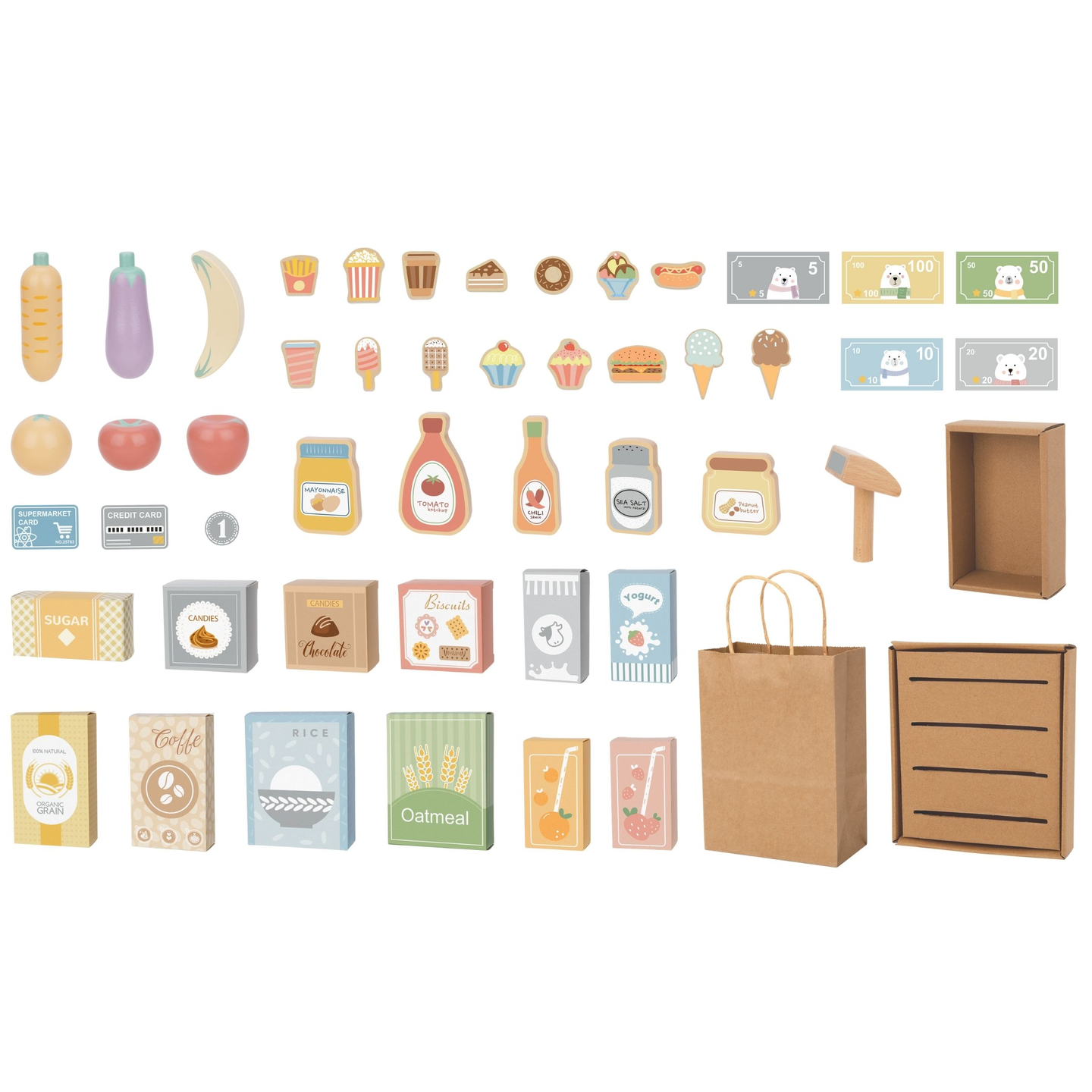 Ξύλινη αγορά λαχανικών - μεγάλος πάγκος XXL, κατάστημα με ταμειακή μηχανή παιχνιδιού