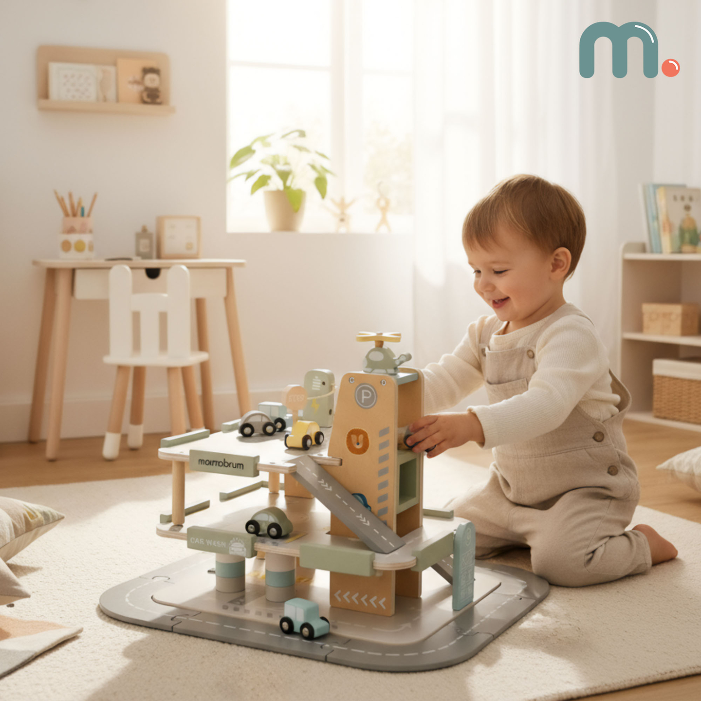 Ξύλινο, τριώροφο γκαράζ για παιδιά με αξεσουάρ – χώρος στάθμευσης, βενζινάδικο, πλυντήριο αυτοκινήτων, ελικόπτερο