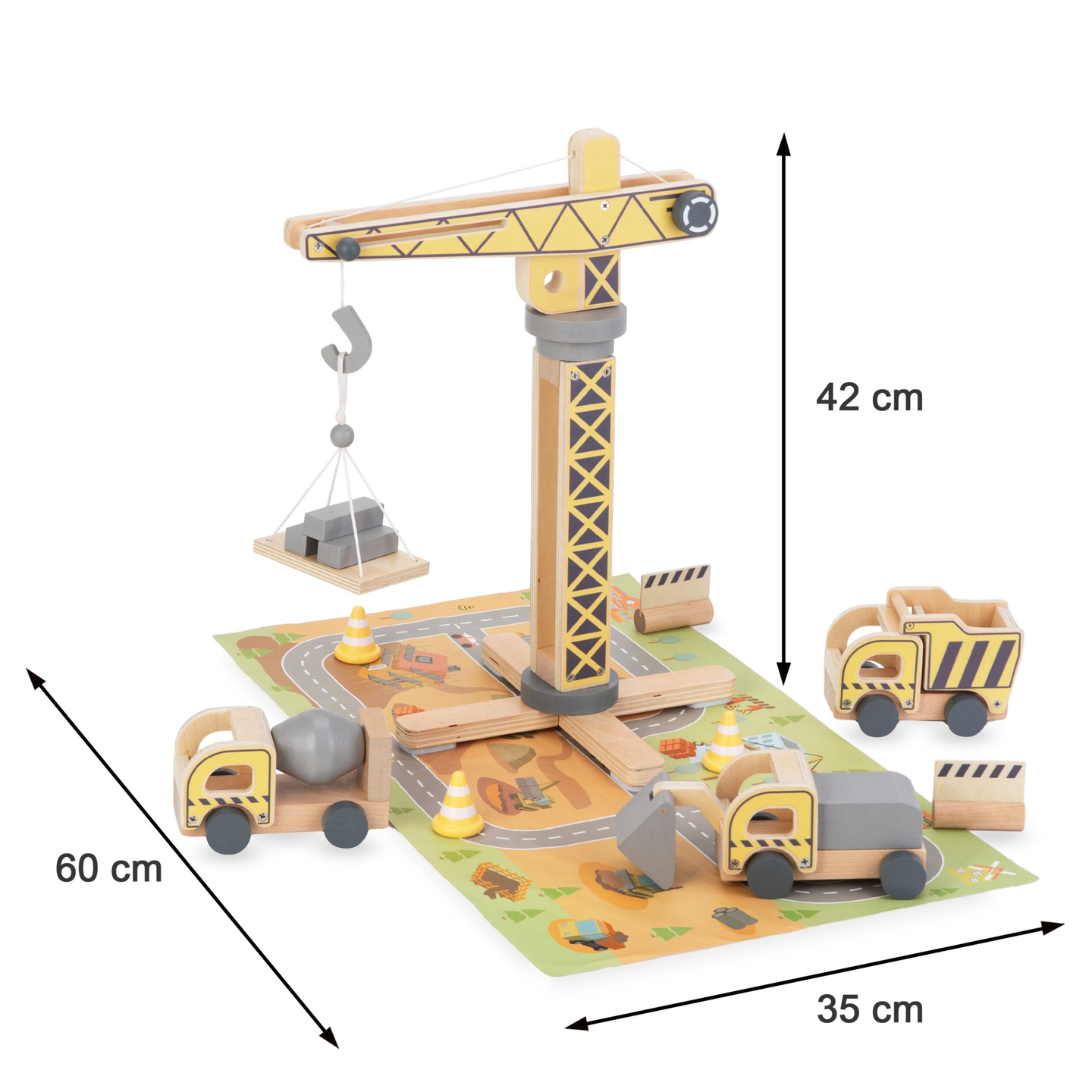 Ξύλινο εργοτάξιο με μεγάλο κινητό γερανό και οχήματα, γερανό πύργο