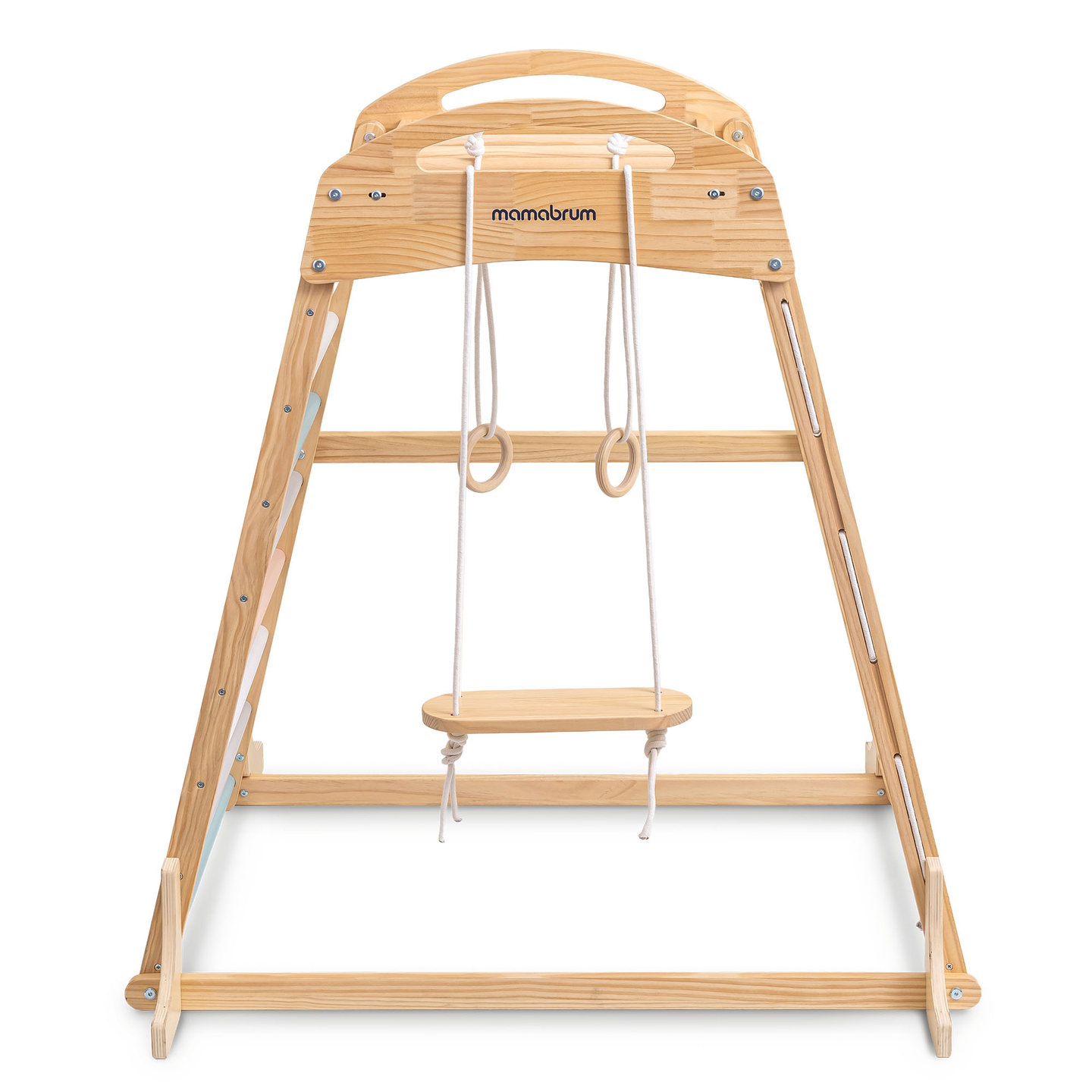 Ξύλινη εσωτερική παιδική χαρά με κούνια, γυμναστικούς κρίκους και δίχτυ αναρρίχησης