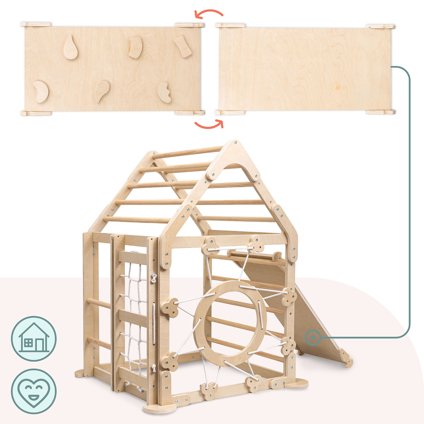 Ξύλινη εσωτερική παιδική χαρά για παιδιά - ένα σπίτι με σκάλες και μια τσουλήθρα
