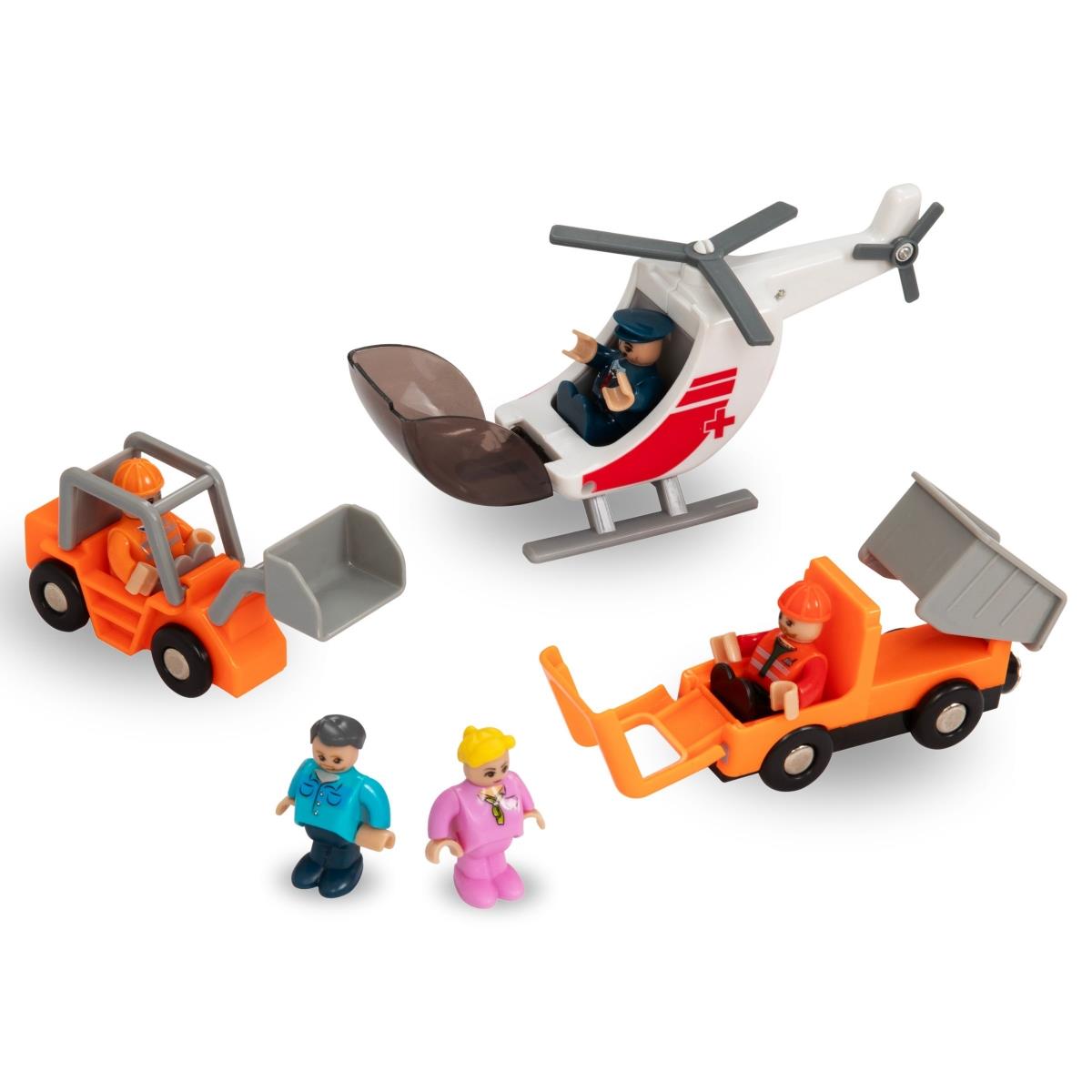 Ξύλινος σιδηρόδρομος, τρένο με μπαταρία - Πόλη: γραμμές, αυτοκίνητα, γέφυρα, αεροδρόμιο