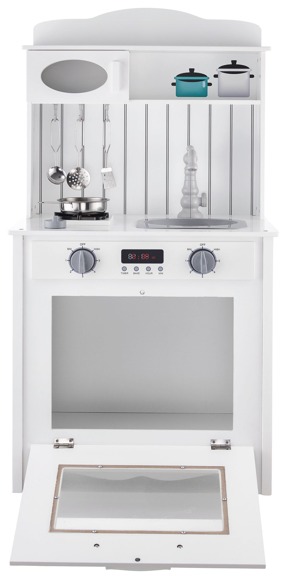 Λευκή ξύλινη κουζίνα με ποδιά, αξεσουάρ και λάμπα LED