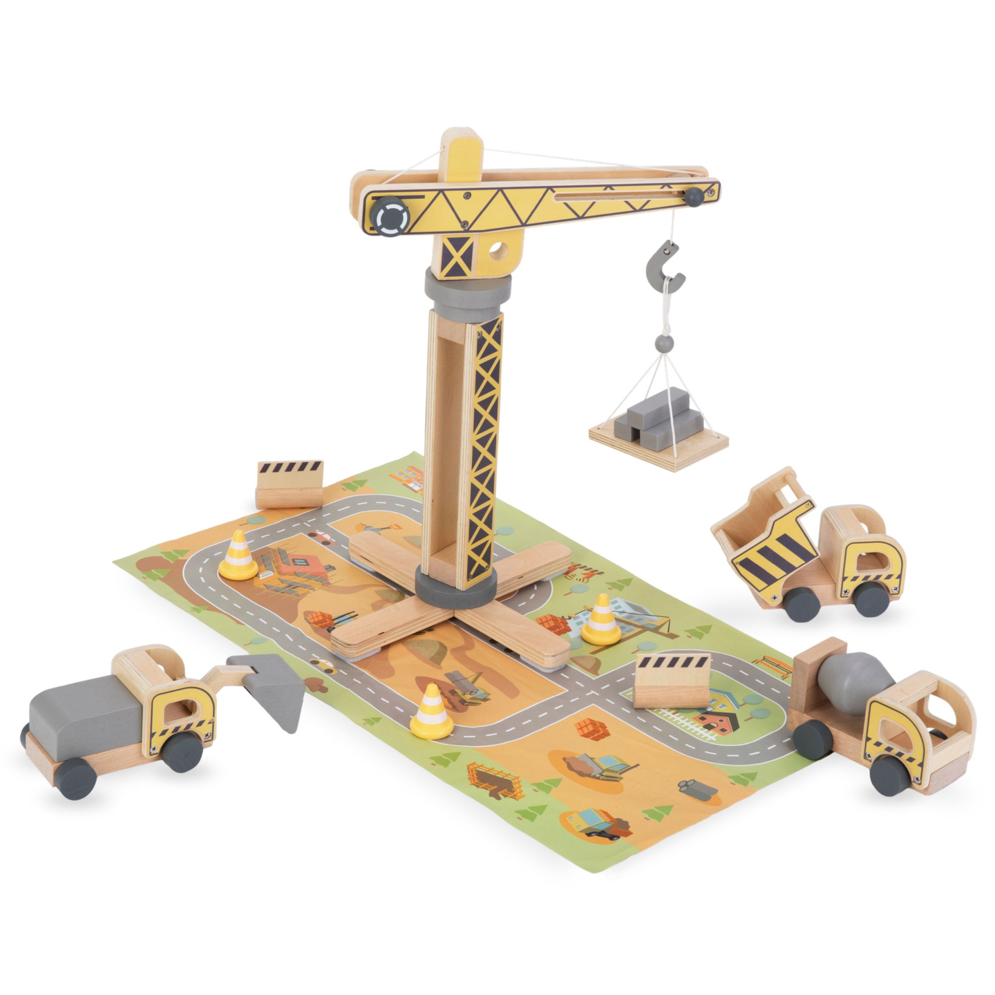 Ξύλινο εργοτάξιο με μεγάλο κινητό γερανό και οχήματα, γερανό πύργο