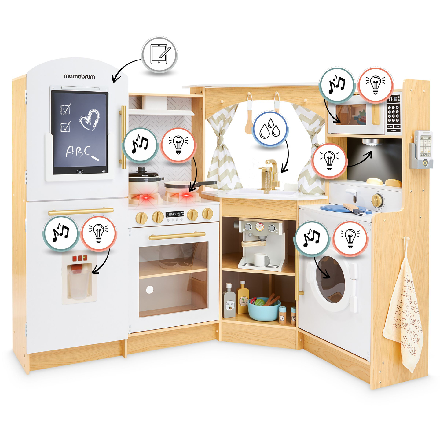 XXXXL μεγάλη ξύλινη διαδραστική κουζίνα με φωτισμό LED, πλυντήριο ρούχων, φούρνο μικροκυμάτων - 50 στοιχεία