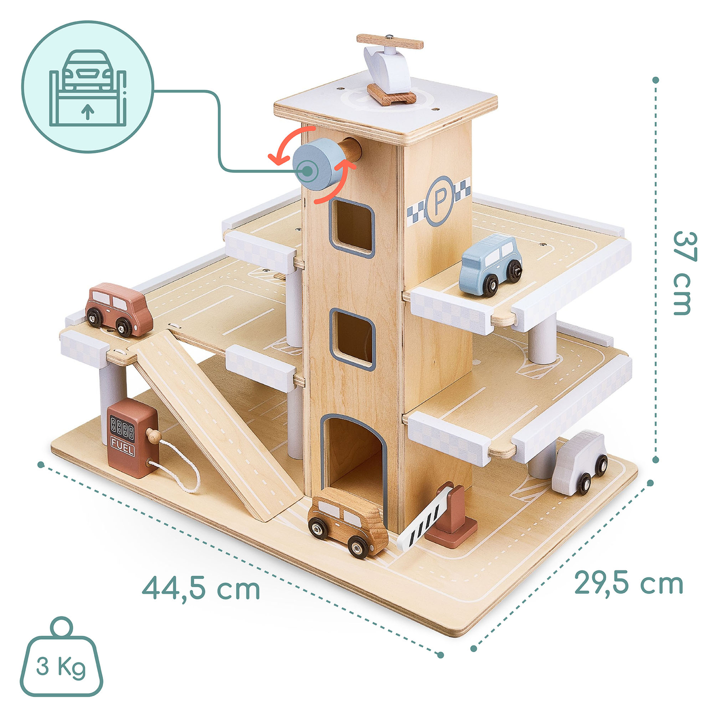 Ξύλινος τριώροφος χώρος στάθμευσης με ανελκυστήρα - γκαράζ με αυτοκίνητα και ελικόπτερο