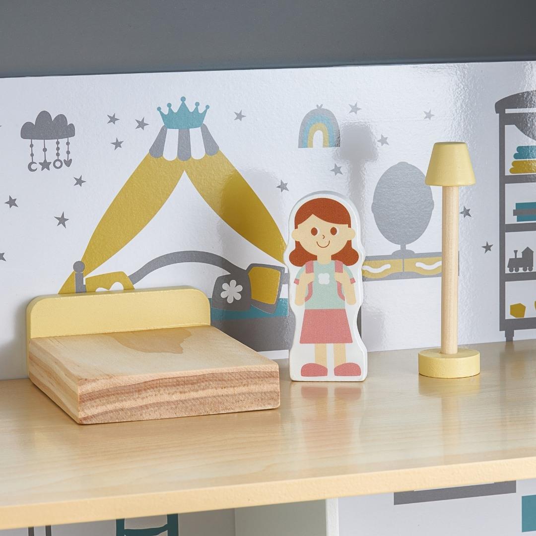 Λευκό ξύλινο κουκλόσπιτο με βεράντα και αξεσουάρ