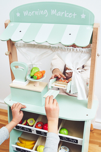 Μεγάλο ξύλινο κατάστημα - πάγκος και θέατρο 2 σε 1 με ζυγαριά, τερματικό πληρωμής, φρούτα και λαχανικά