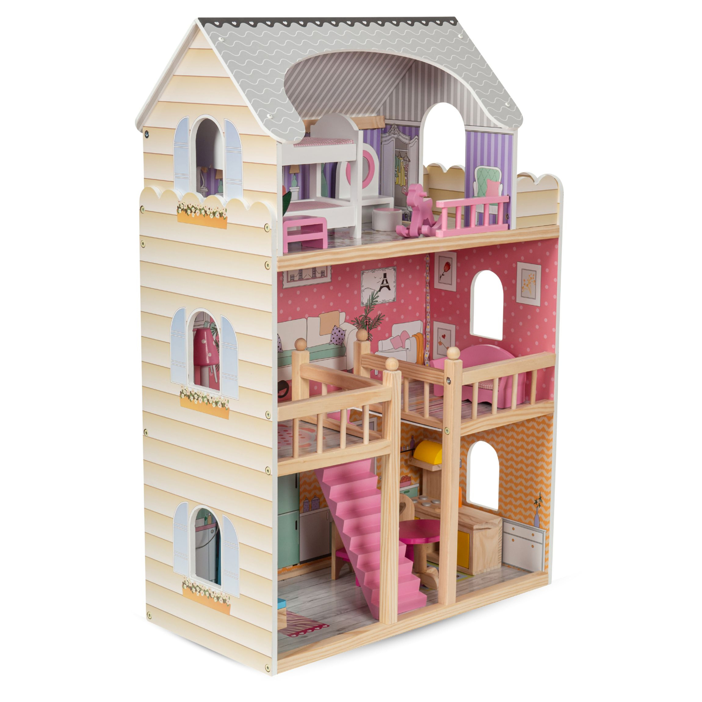 Μεγάλο ξύλινο 3όροφο κουκλόσπιτο με βεράντα, σετ επίπλων και φωτισμό LED!