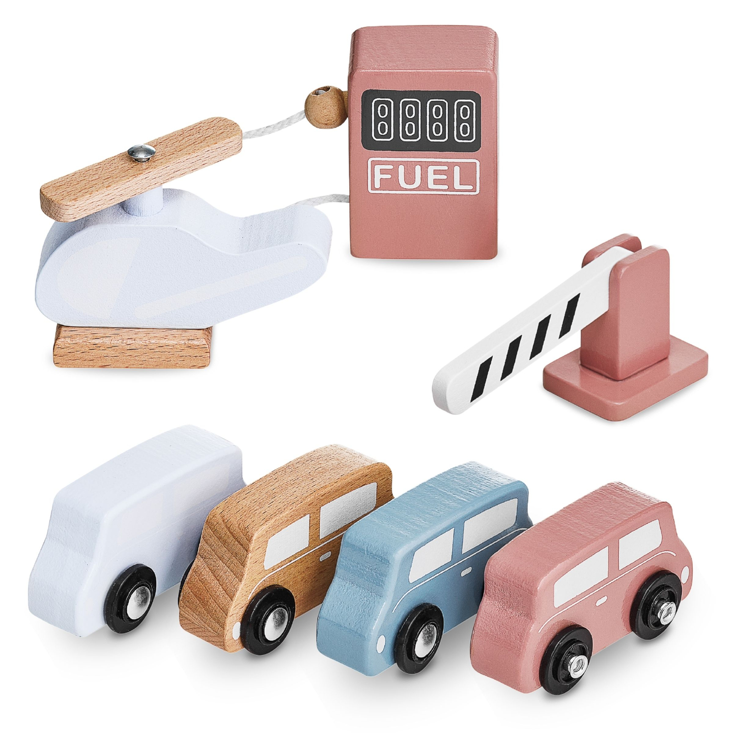 Ξύλινος τριώροφος χώρος στάθμευσης με ανελκυστήρα - γκαράζ με αυτοκίνητα και ελικόπτερο