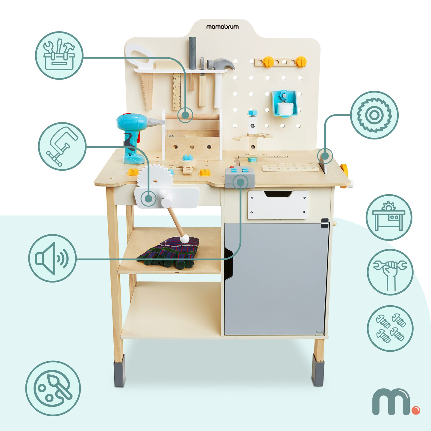 XXL Μεγάλο ξύλινο εργαστήριο με εργαλεία - σετ DIY, 74 στοιχεία