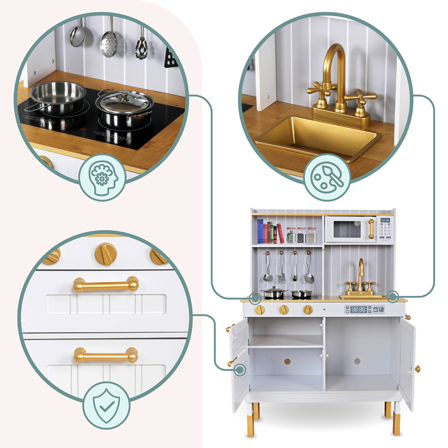 Ξύλινη λευκή κουζίνα με αξεσουάρ και ποδιά