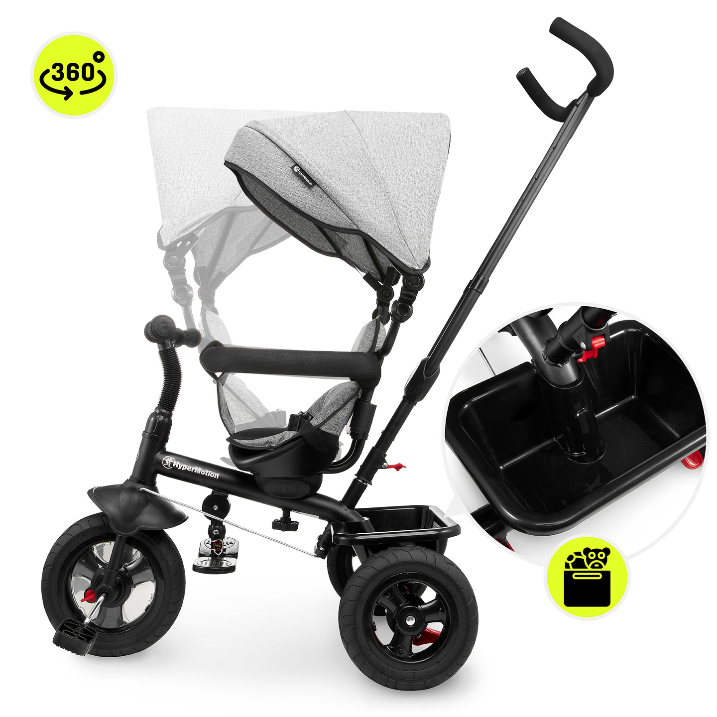 Τρίκυκλο για παιδιά 1-4 ετών - TOBI FREY - γκρι χρώμα - περιστρεφόμενο - τροχοί με αντλία + ωθητήρας