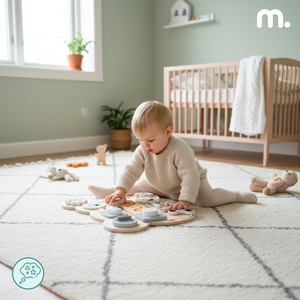 Ξύλινη σανίδα χειρισμού Montessori με αρκουδάκι - αισθητηριακή μάθηση ανεξαρτησίας: Velcro, βύσμα, λαβύρινθος, κουμπί κλικ