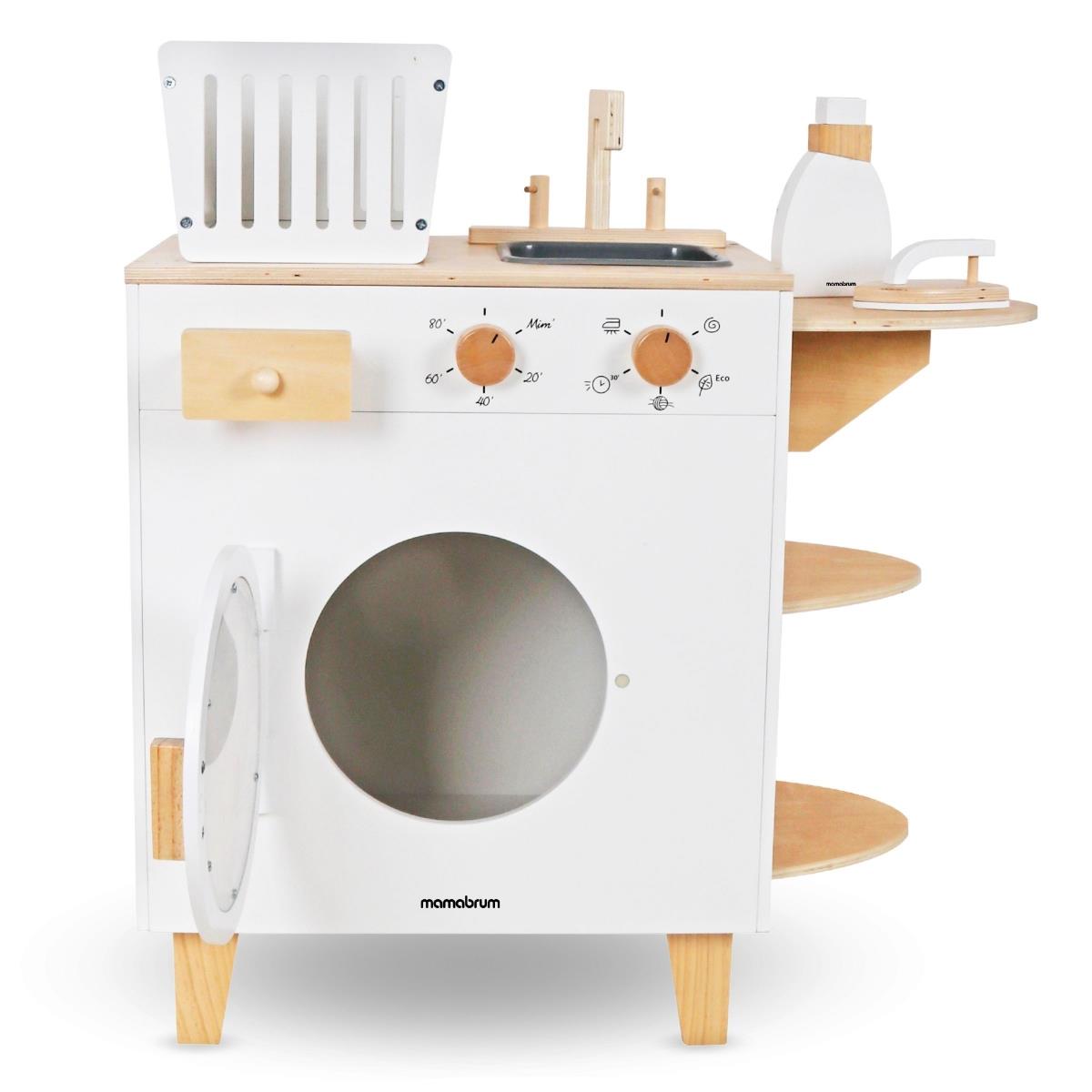 Ξύλινο πλυντήριο ρούχων με σίδερο, καλάθι και υγρό πλύσης