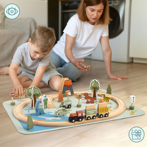 Ξύλινο τρενάκι Dino Park με αντιολισθητικό χαλάκι - δεινόσαυροι, τρένο, γραμμές, ηφαίστειο, κουδούνι