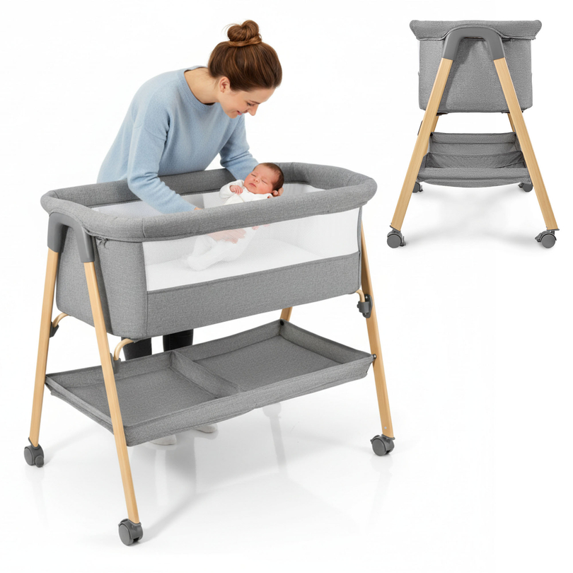 Παιδικό παρκοκρέβατο, ανεξάρτητο, ταξιδιωτικό παρκοκρέβατο, κούνια με στρώμα - γκρι