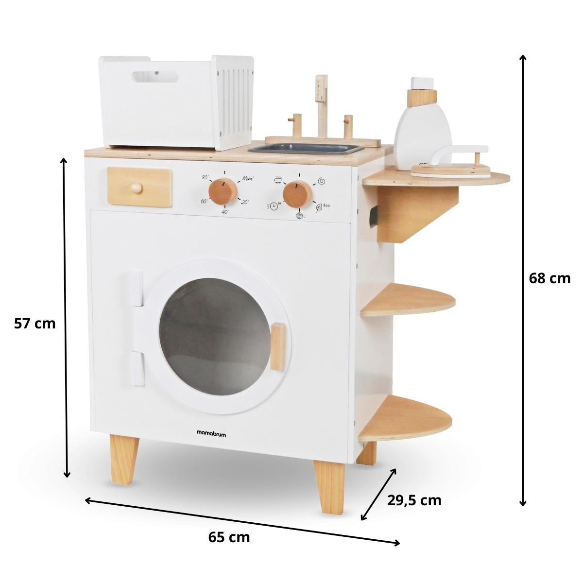 Ξύλινο πλυντήριο ρούχων με σίδερο, καλάθι και υγρό πλύσης