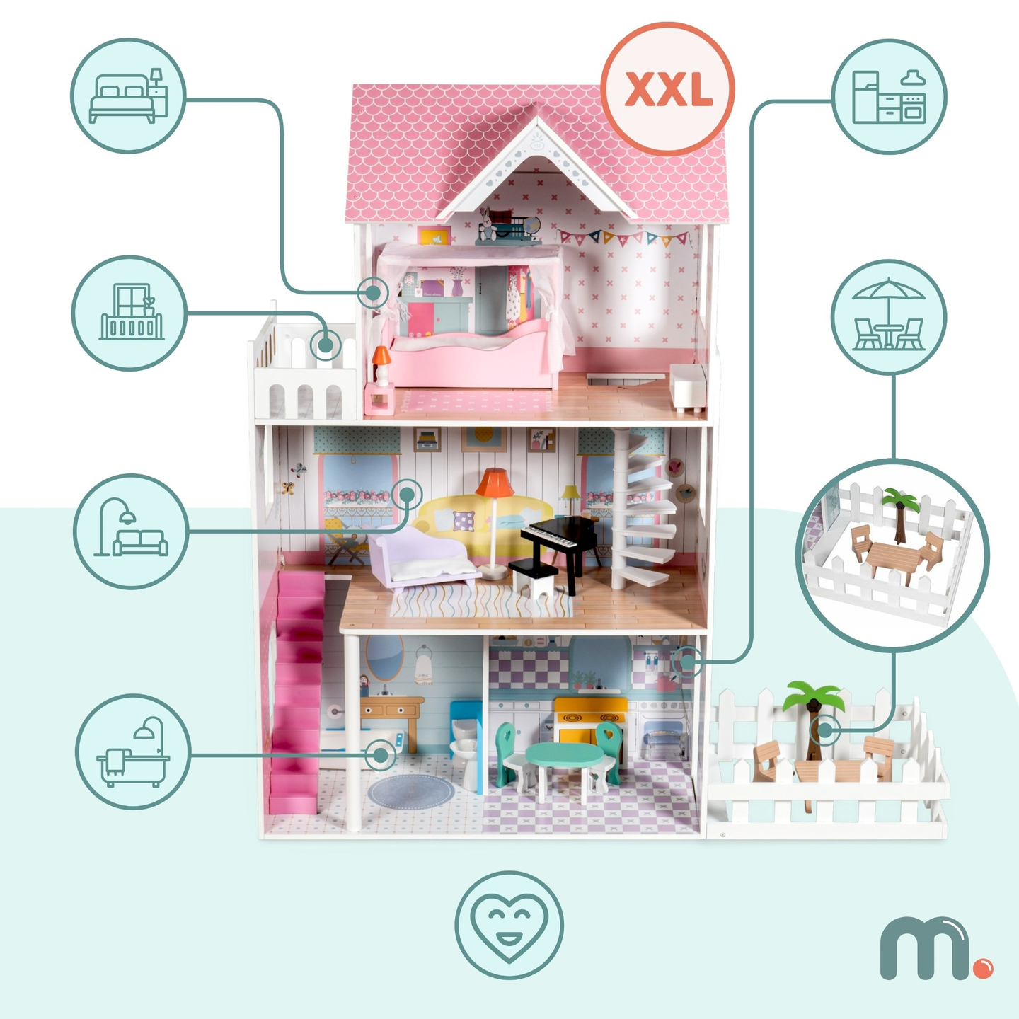 XXL Το μεγαλύτερο ξύλινο κουκλόσπιτο - 123 cm - φωτιζόμενο με LED - βεράντα, αξεσουάρ, κήπος