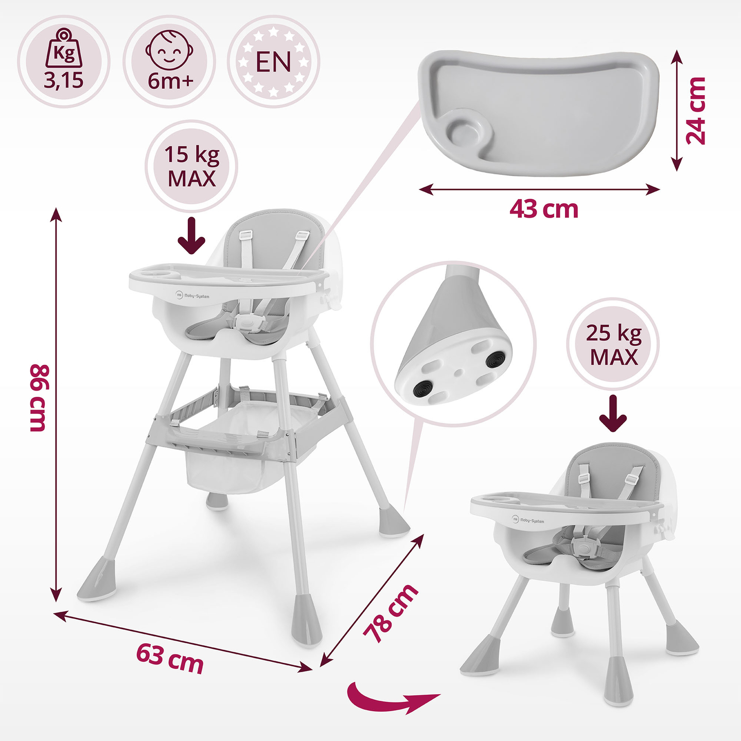 Moby-System Magnolia 2-σε-1 ρυθμιζόμενο καρεκλάκι - γκρι