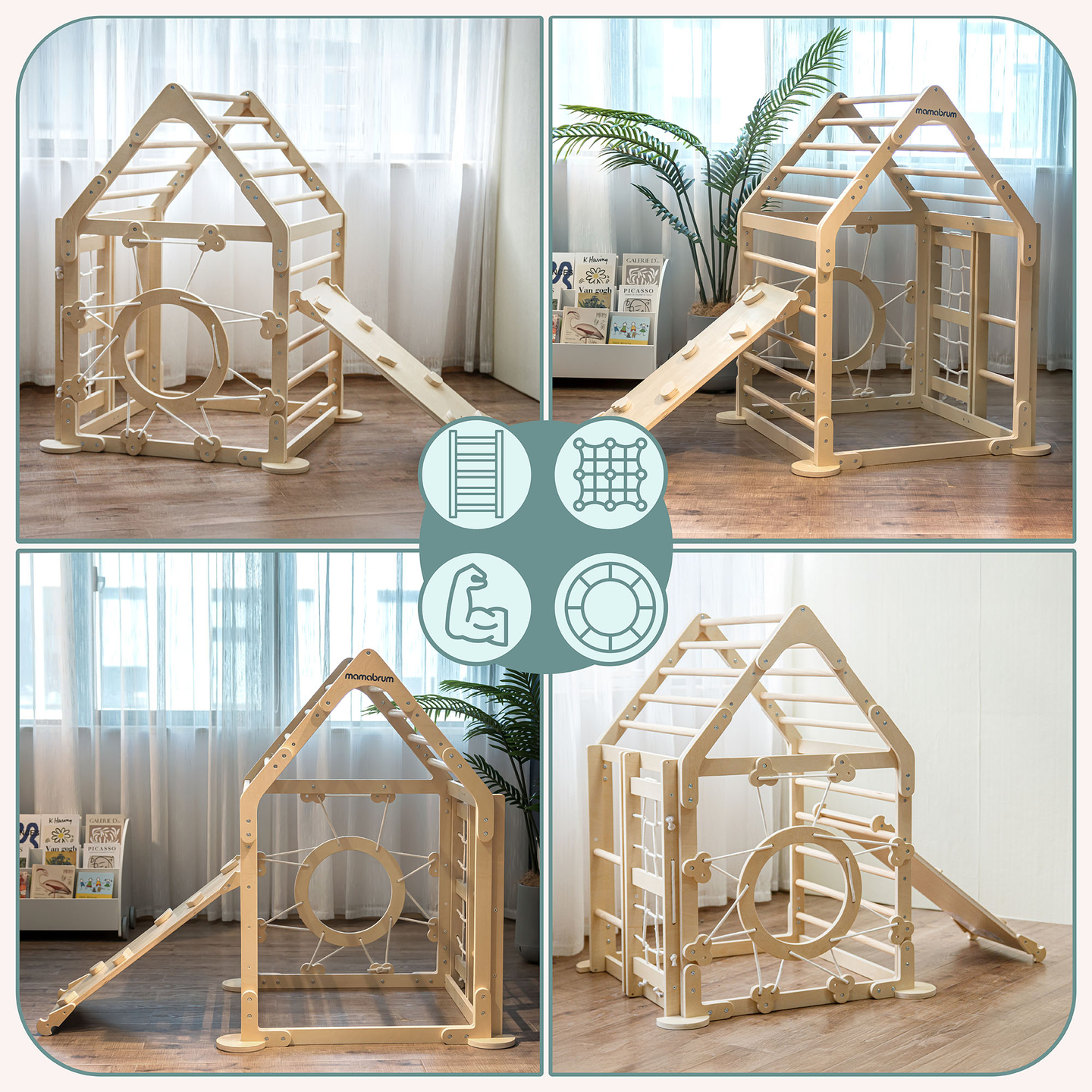 Ξύλινη εσωτερική παιδική χαρά για παιδιά - ένα σπίτι με σκάλες και μια τσουλήθρα