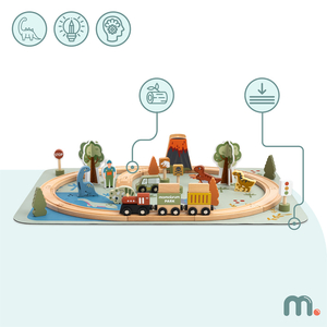 Ξύλινο τρενάκι Dino Park με αντιολισθητικό χαλάκι - δεινόσαυροι, τρένο, γραμμές, ηφαίστειο, κουδούνι