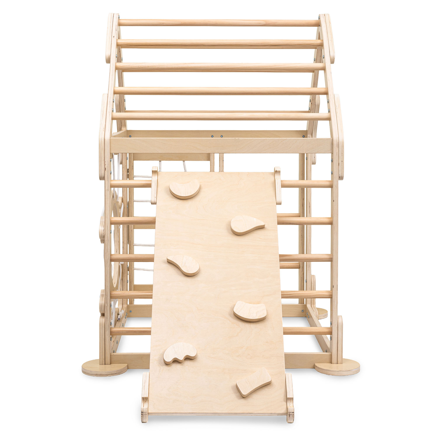 Ξύλινη εσωτερική παιδική χαρά για παιδιά - ένα σπίτι με σκάλες και μια τσουλήθρα