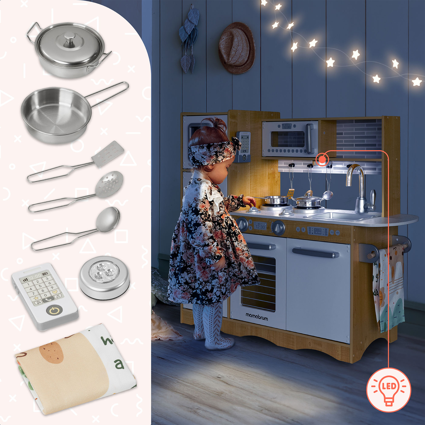 Ξύλινη κουζίνα XXL με φωτισμό LED, ποδιά και αξεσουάρ