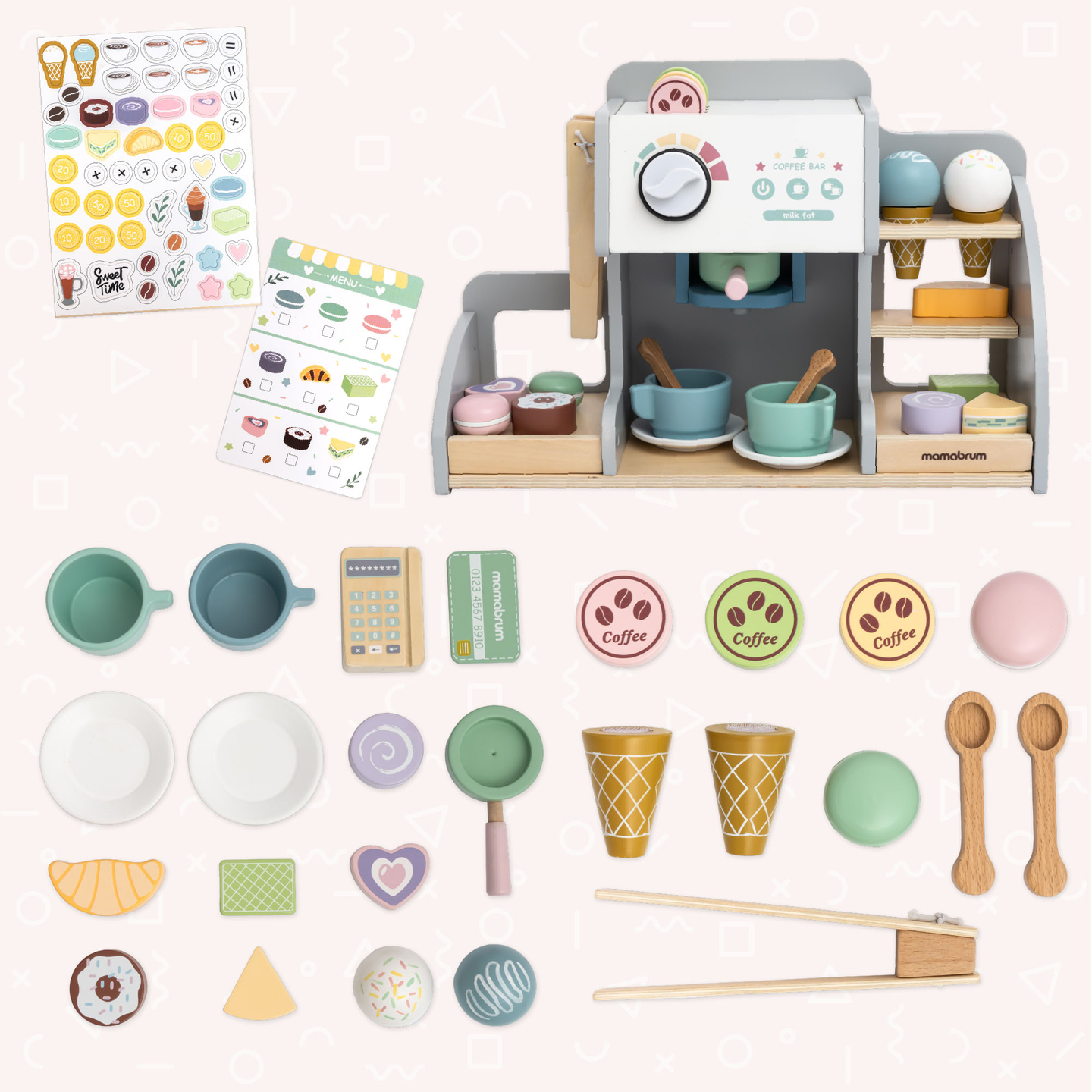 Ένα μεγάλο ξύλινο παγωτατζίδικο με μαγνητικό πίνακα, καφετιέρα και σετ παγωτού και γλυκών - πάνω από 70 κομμάτια!